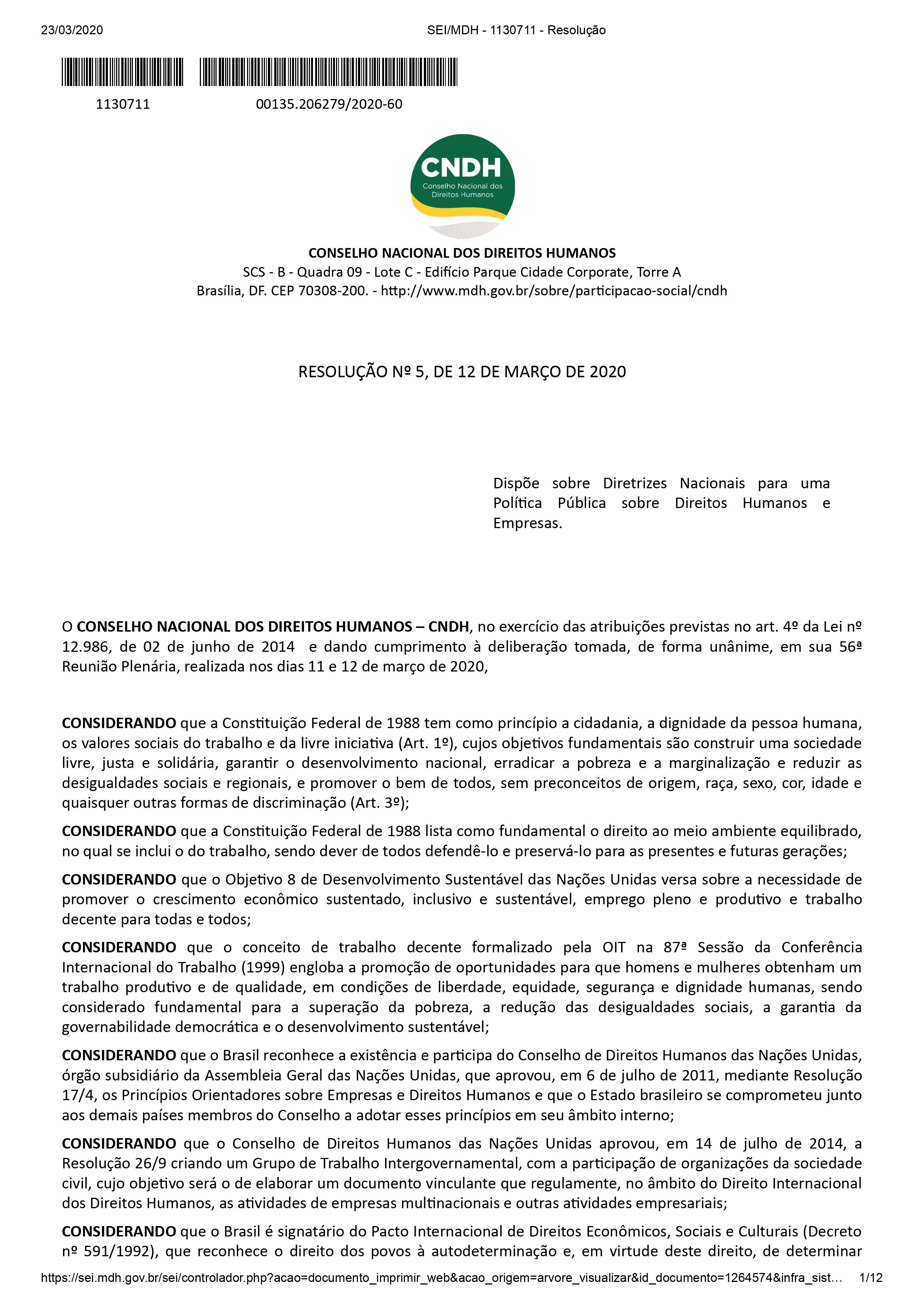 Resolution No 5/2020 do CNDH - Brazil