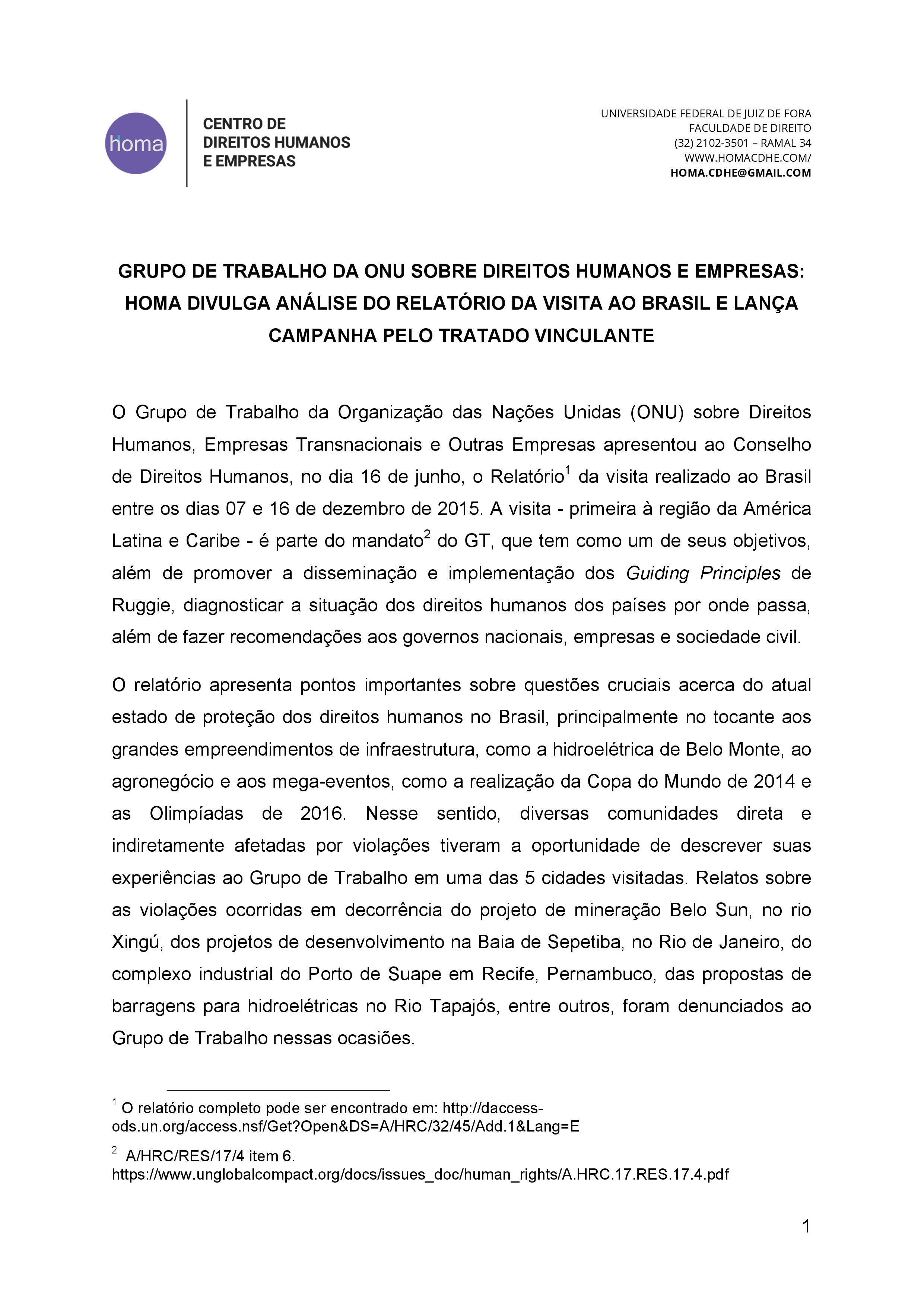 Grupo de trabalho da ONU sobre direitos humanos e empresas: análise do relatório da visita ao Brasil
